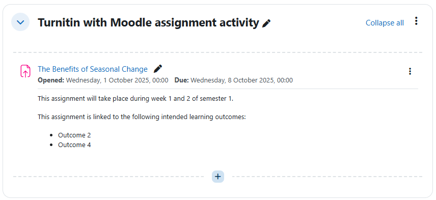A screenshot of a configured assignment activity on a Moodle course page